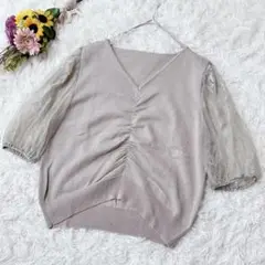 GRL　グレイル【L】Vネック　半袖ニット　レース　カットソー　ギャザー　丈短い