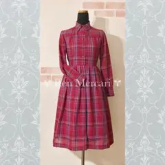 マゼンタレッド チェック柄 シャツ襟ワンピース