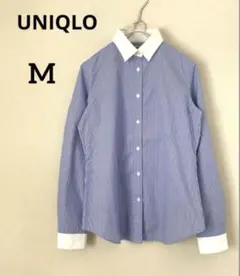 【美品】UNIQLO ストライプ長袖ブラウス　ブルー　M