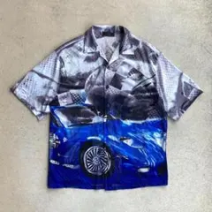 ヴィンテージ古着90sメッシュ総柄オープンカラーシャツ車スポーツカー青ブルーXL