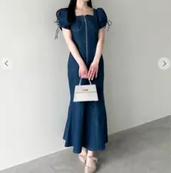 ボリュームスリーブデニムマーメイドワンピース