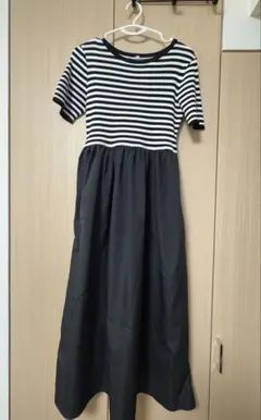 ボーダー×バルーンスカート 切り替えワンピース ブラック ONE SIZE