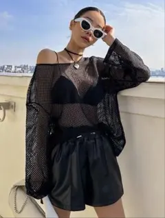 メッシュドロップショルダートップス