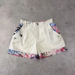 ScoLar スカラー 刺繍 花柄切替 ショートパンツ M 麻混 難ありのサムネイル