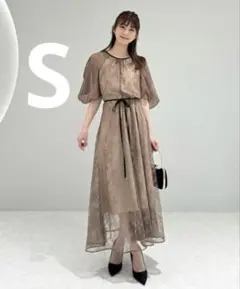 【美品】LEJA パフスリーブウエストリボン総レースロングドレス ワンピース S