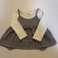 ホワイト グレー チェック柄 サロペット風　長袖