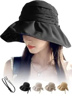 ハット 帽子 つば広 折り畳み レディース ストラップ ひも付き ブラック 黒