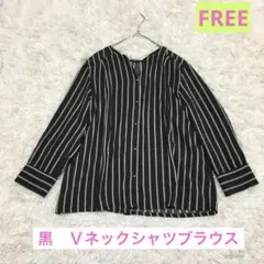 黒　Ｖネック　ストライプ　長袖　シャツブラウス　金釦　きれいめ　FREEのサムネイル