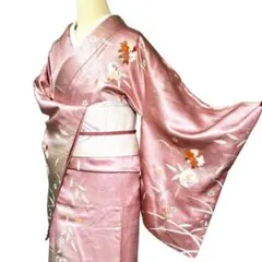 A137愛華 着物 訪問着　蝶　花草　金彩　珊瑚色　暈し　美品