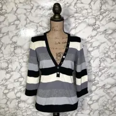 シンプルライフ　（M）　Ｖネックボーダーコットンニットセーター　七分袖　グレー系