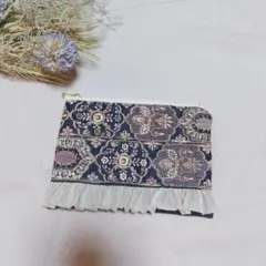 インド刺繍 ミニポーチ フリル付き ブルー デニム