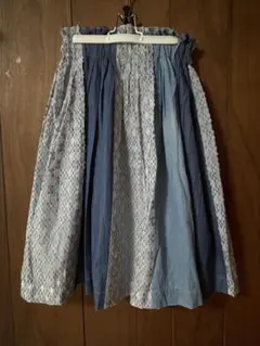 ギャザーパネルスカート 青系 ひざ下丈