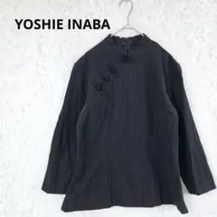 ヨシエイナバ　チャイナブラウス　M スタンドカラー　リネン　ワッシャー加工　黒のサムネイル
