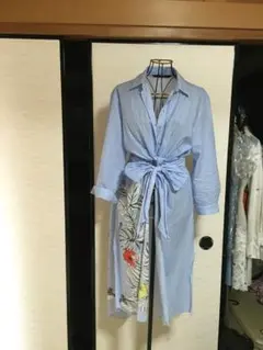 ZARA BASIC ザラベーシック フラワープリントストライプシャツワンピース
