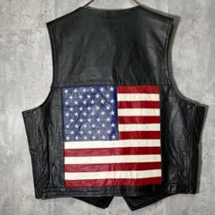 USA 星条旗 レザー ベスト 本革 黒 3XL