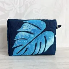 【訳ありセール品】ハワイアンキルト　スクエアポーチ小　モンステラモチーフ