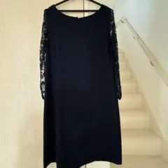 ネイビー 紺色 レース袖 フレアドレス 結婚式 膝下 膝丈