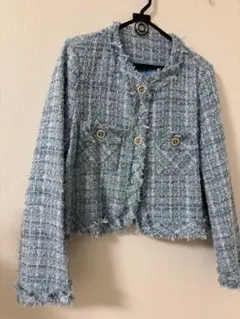 【美品】SAISON DE PAPILLON 水色ツイードノーカラージャケット