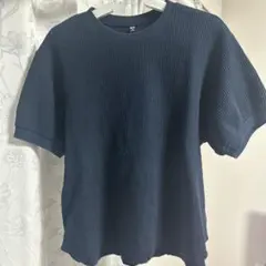 ネイビー リブ編み 半袖Tシャツ