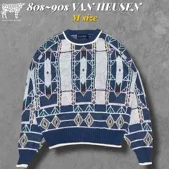80s90s VAN HEUSEN 総柄ニットセーター 表記M 幾何学模様　良柄
