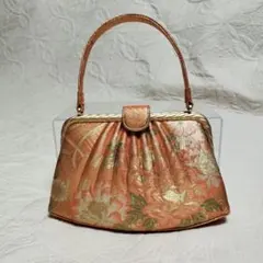 美品 和装用バッグ 花柄 オレンジ系 金襴