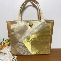 No.44 帯リメイクバック　ゴールド系　重ね折り紙柄