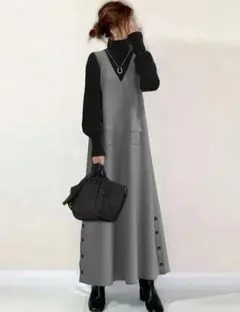 本日限定❢明日発送❢グレー ワンピース サイドボタン付き