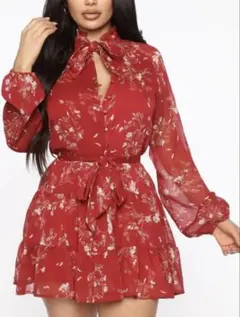 FASHION NOVA花柄赤ミニワンピース 長袖 リボン付き