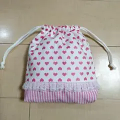 ピンクラメ ハート ストライプ柄 コップ袋 給食袋 巾着袋