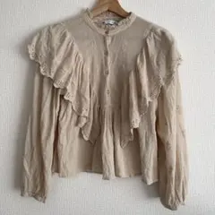 【ZARA】フリルブラウス 刺繍入り ベージュ 長袖 トップス コットン S