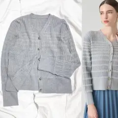 アナイANAYIフェザーボーダーリブニットカーディガン38グレー