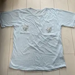 90s 刺繍入り水色Tシャツ ヘンリーネック 花 フラワー パステルカラー