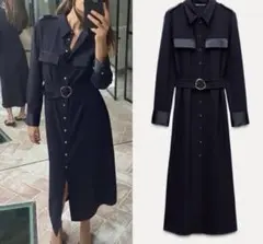 新品/ZARA ミディ丈シャツワンピース ロングワンピース ロング ネイビーXS