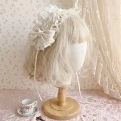 ヘッドドレス　白　フリル　レース 地雷系 リボン ロリータ ゴスロリ ヘアアクセ
