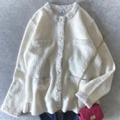 極美品 組曲 ツイードニット ジャケット パールボタン 洗える フォーマル 白