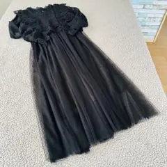 レースチュール♡アベイル♡長袖ワンピ 【L】黒ロング　ゴム綿混ゆったりフォーマル