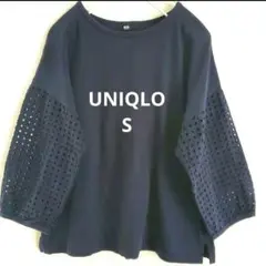 ユニクロ アイレットスリーブプルオーバー 7分袖 ネイビー S レース袖