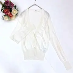美品✨ユニクロ（M）シアー Vネック カーディガン 白 薄手 レーヨン混 通勤