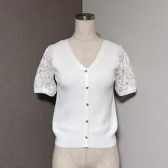 ミッシュマッシュ 袖 花柄 レース フラワー ボタン ニット