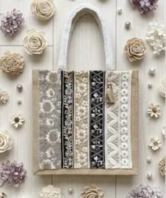 ハンドメイド　⑨黒×ベージュ　インド刺繍リボン　ジュートバッグ♡