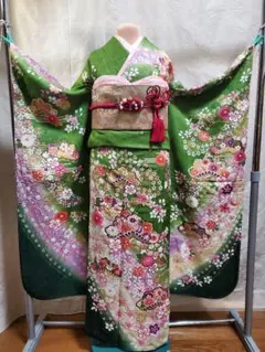 振り袖(58)長襦袢 袋帯 帯締め 帯揚げ 伊達襟、刺繍半襟 7点セット 