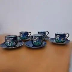 は*き様 ネイビーブルー 花柄 カップ・ソーサー 4個セット