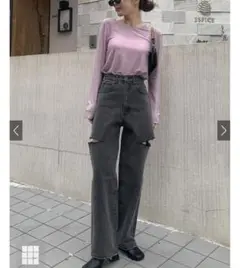 新品　未使用　ハイウエストデニムパンツ ダークグレー　サイドカット