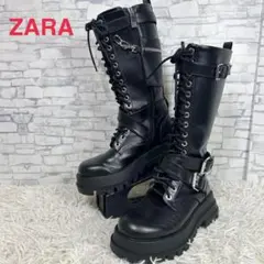 ZARA ザラ　サイドジップ　厚底レースアップ　ロングブーツ　レザー　ブラック