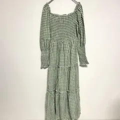 SHEIN グリーンチェック オフショルダー ロングワンピース M