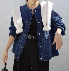 andme オーバーサイズノーカラーデニムツイルジャケット