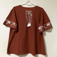 レディース ブラウス 半袖 シャツ テラコッタ 刺繍