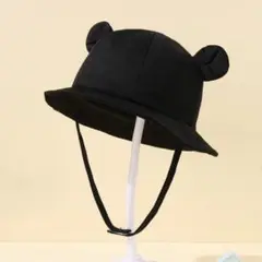 【美品】黒い猫耳付きベビー帽子 バッケットハット　サイズ46cm ブラック