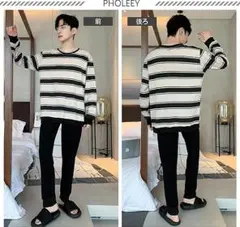 【新品】アイボリー×ブラックのボーダー　ルームウェアセット メンズ2XL