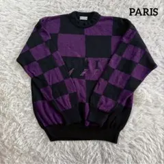 パリスヴィンテージニットセーターチェスデザインチェック黒紫ブラックパープルLL